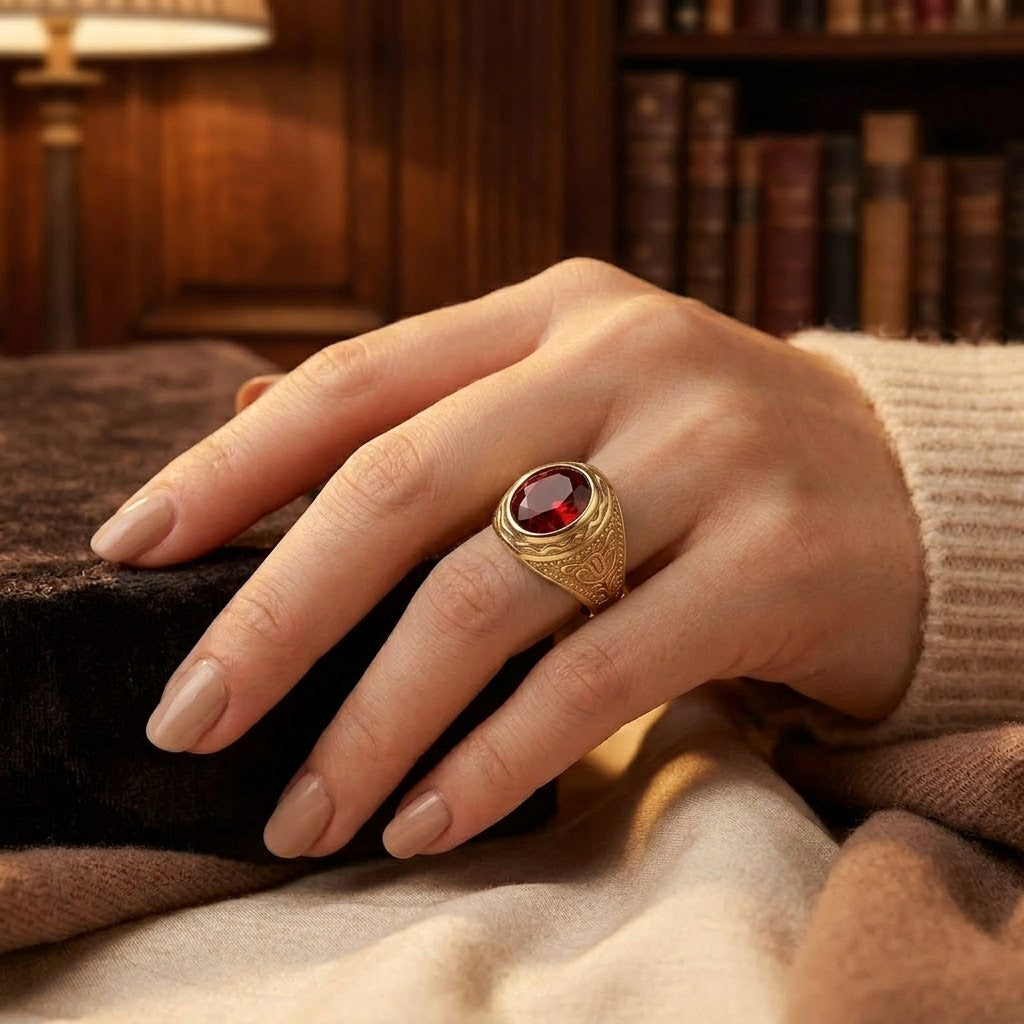 Anello Inciso in Oro e Rubino