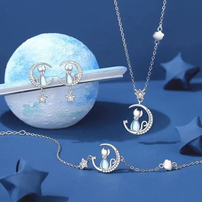 Orecchini Gatto, Luna e Stella in Argento 925 con Zirconi