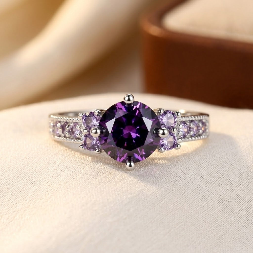 Anello in argento con pietra laterale in ametista