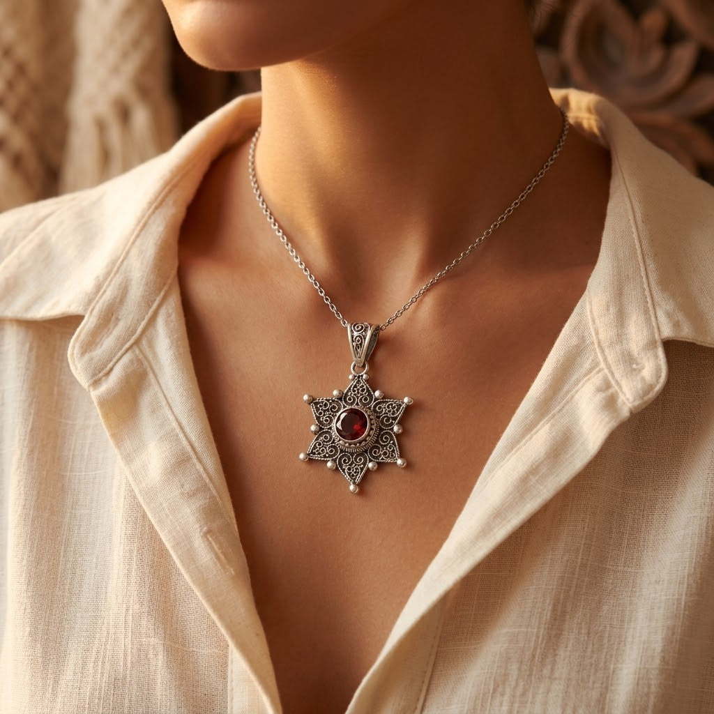 Collana con pendente a stella in argento e rubino
