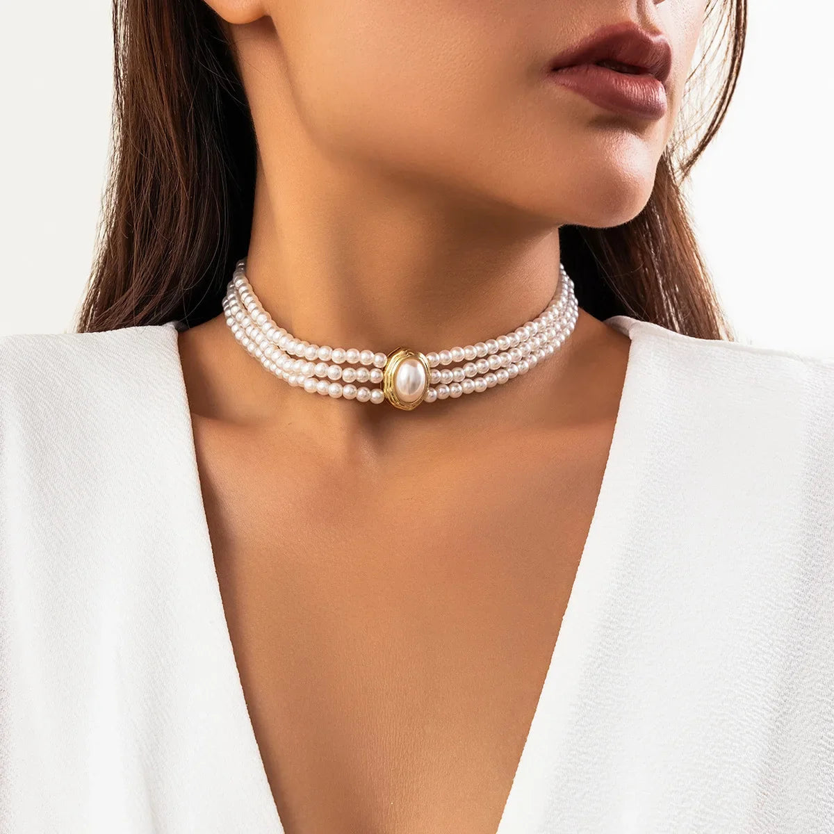 Collana Choker a Tre Fili di Perline Color Turchese | Dorata