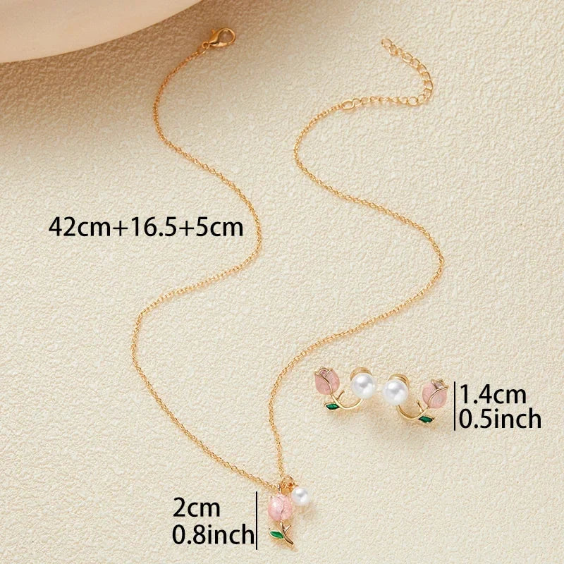 Set di Collana e Orecchini “Giardino di Tulipani Rosa”