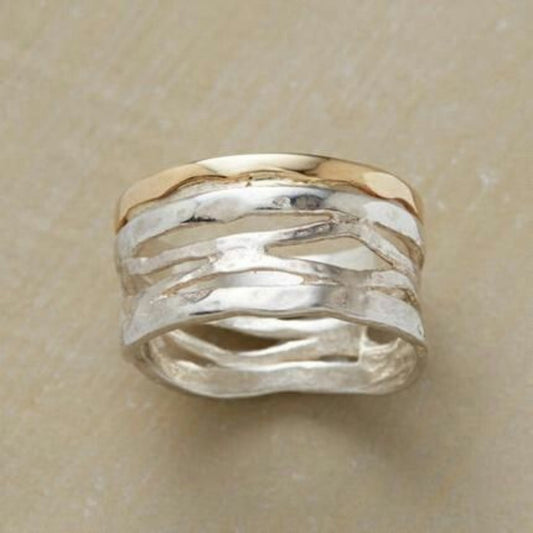 Anello Hollow Vintage a Fasce Ondulate in Oro e Argento