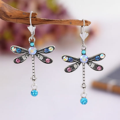 Orecchini Pendenti Libellula con Cristalli Colorati – Stile Vintage