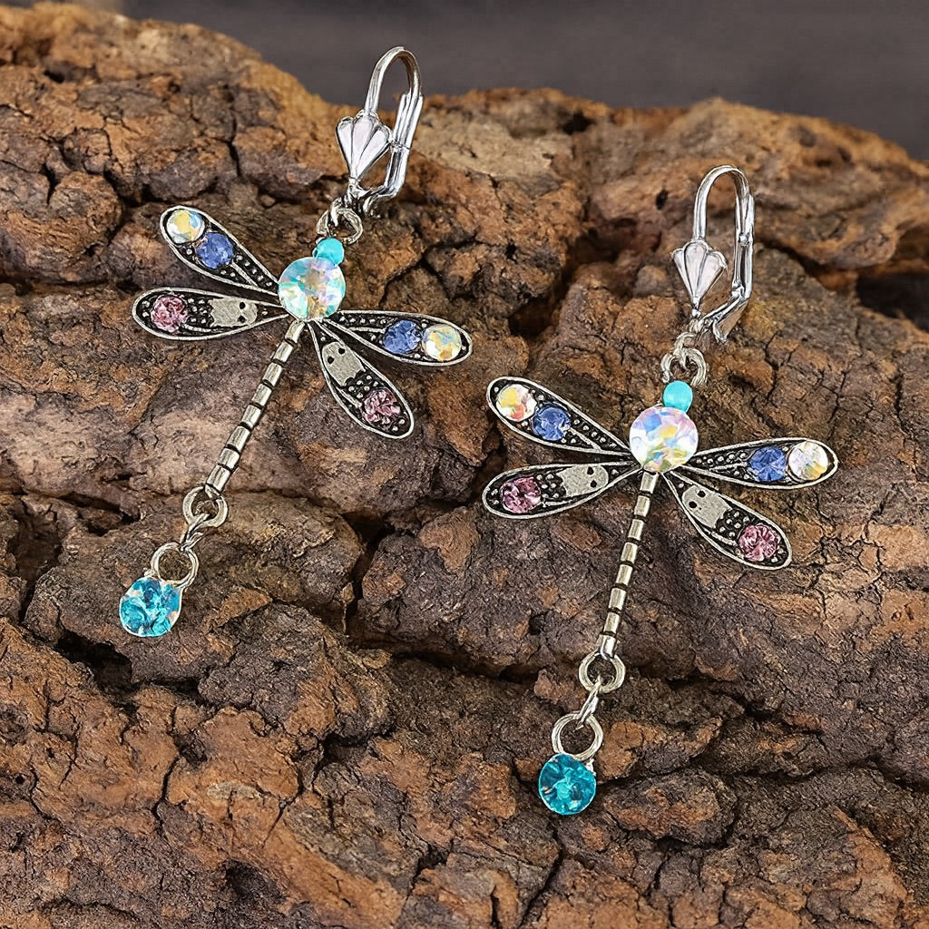 Orecchini Pendenti Libellula con Cristalli Colorati – Stile Vintage