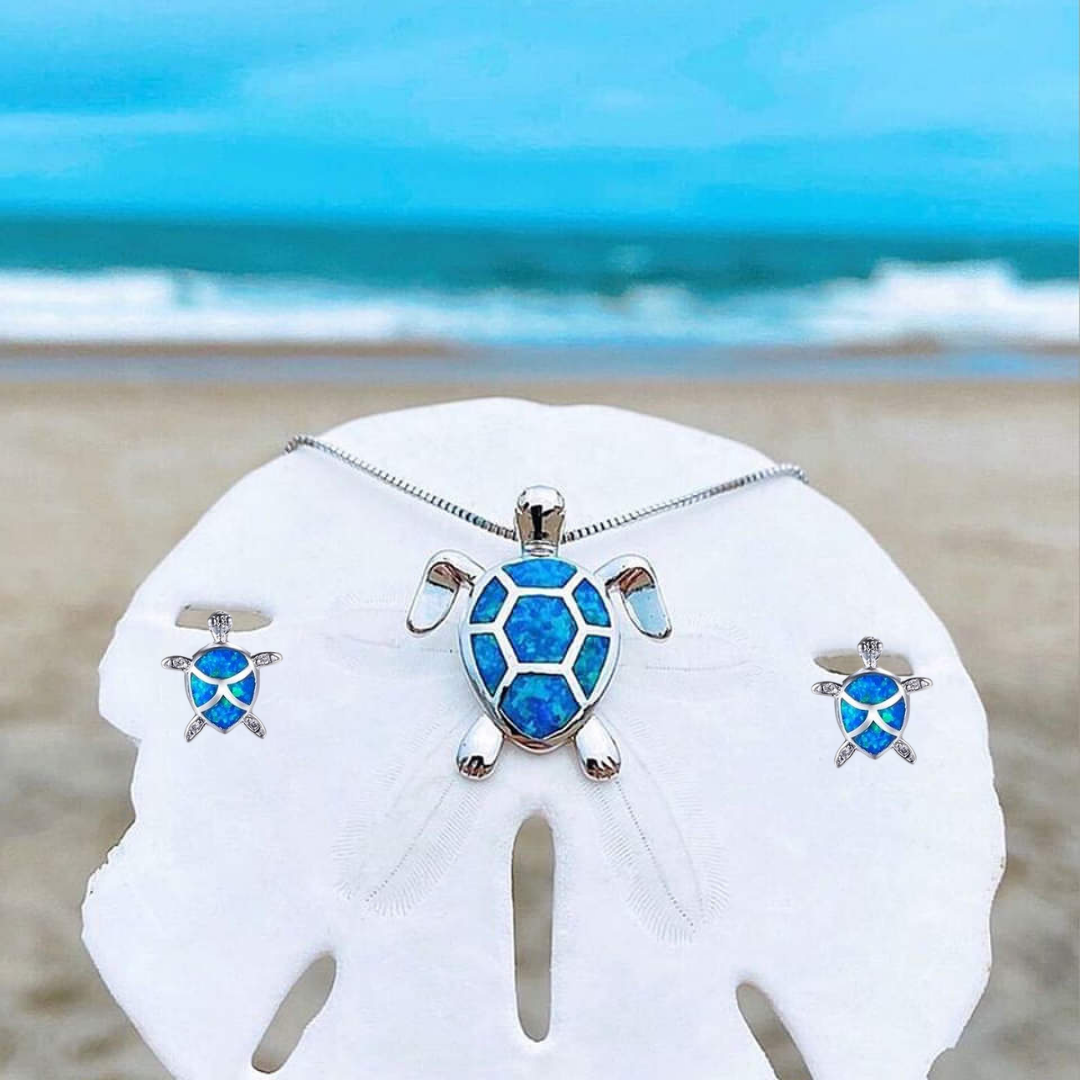 Set Collana e Orecchini Tartaruga Marina – Effetto Opale e Argento
