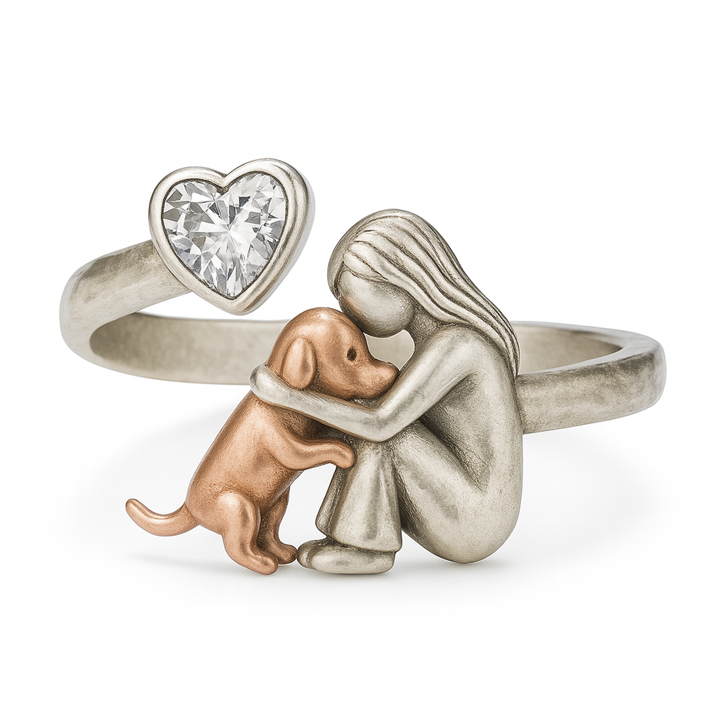 Anello Regolabile Ragazza e Cane in Argento 925 con Zircone a Cuore