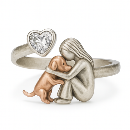 Anello Regolabile Ragazza e Cane in Argento 925 con Zircone a Cuore