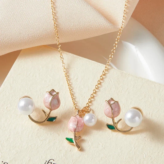 Set di Collana e Orecchini “Giardino di Tulipani Rosa”