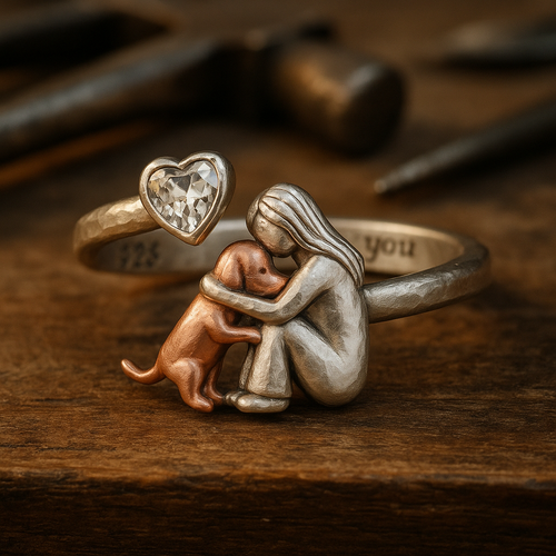 Anello Regolabile Ragazza e Cane in Argento 925 con Zircone a Cuore