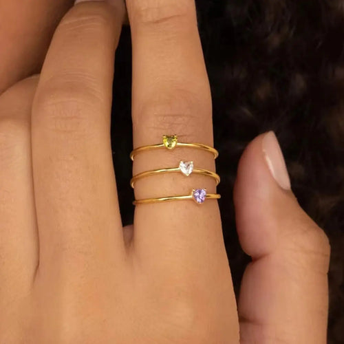 Anello Regolabile Aperto con Pietra del Mese, in Acciaio Titanio Placcato Oro 18K