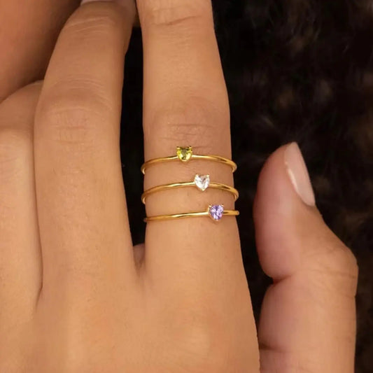 Anello Regolabile Aperto con Pietra del Mese, in Acciaio Titanio Placcato Oro 18K