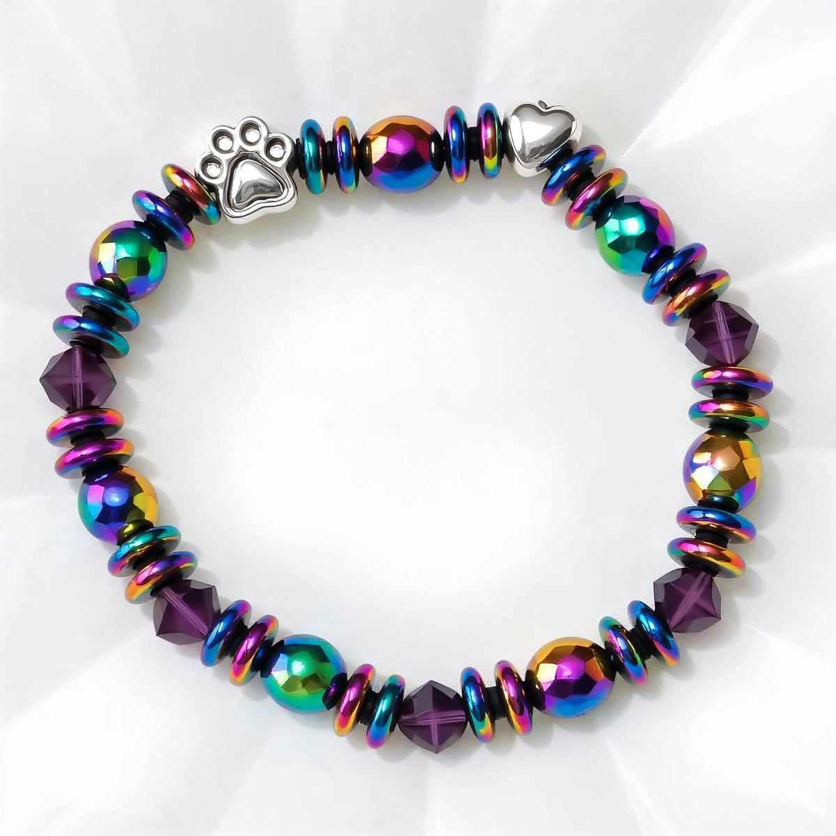 Bracciale in Ematite Arcobaleno con Charm Zampa e Cuore