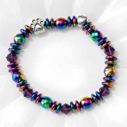 Bracciale in Ematite Arcobaleno con Charm Zampa e Cuore