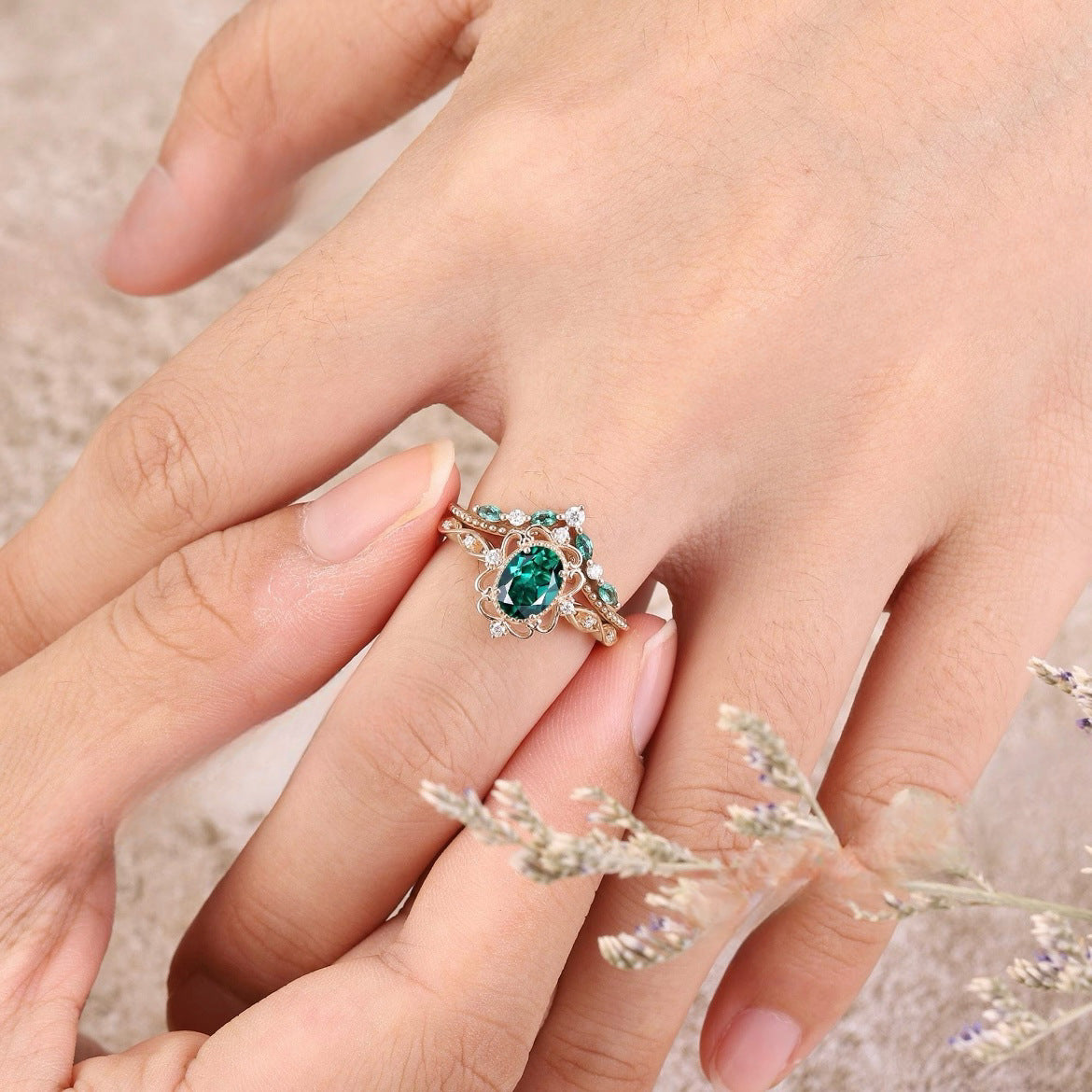 Set di Anelli Aurelia Corona di Smeraldo | Oro Rosa