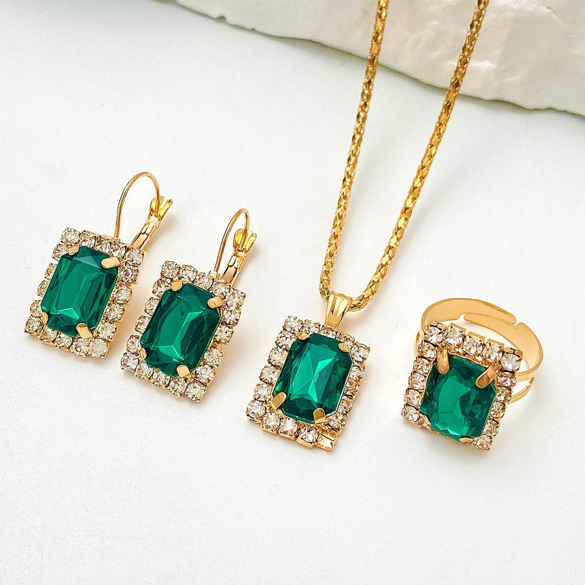 Set di Gioielli Sylvara Greenveil | Dorato con Pietre Verde Smeraldo