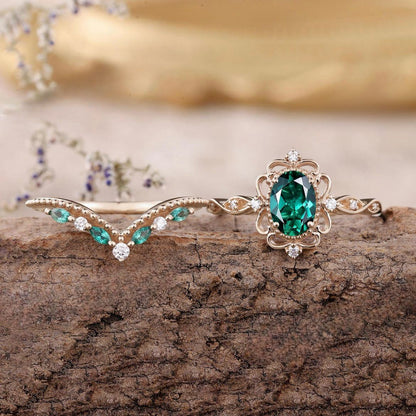 Set di Anelli Aurelia Corona di Smeraldo | Oro Rosa