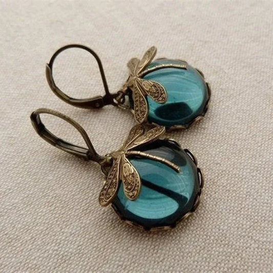 Orecchini Libellula con Pietra Tonda Verde Petrolio – Oro Antico
