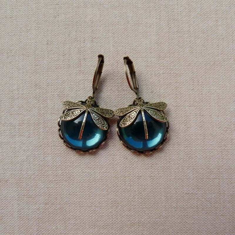 Orecchini Libellula con Pietra Tonda Verde Petrolio – Oro Antico