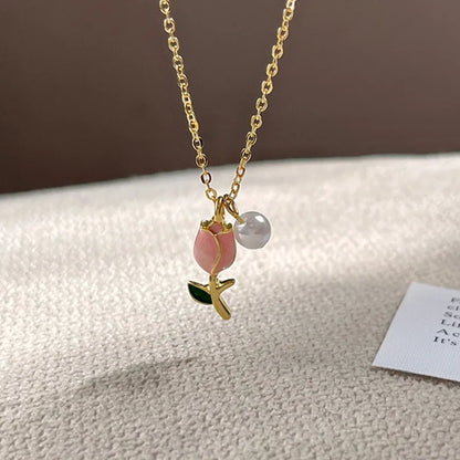 Set di Collana e Orecchini “Giardino di Tulipani Rosa”