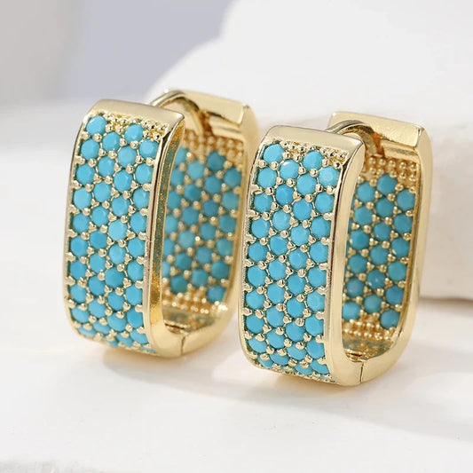 Orecchini Huggie Rettangolari in Pavé Turchese | Dorati