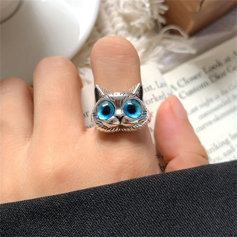 Anello con Gatto dagli Occhi Blu – Giocoso Anello Vintage in Argento per Amanti dei Gatti
