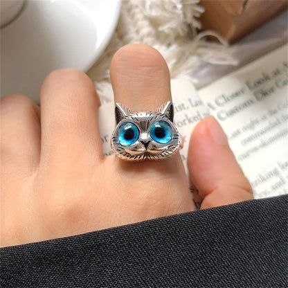 Anello con Gatto dagli Occhi Blu – Giocoso Anello Vintage in Argento per Amanti dei Gatti