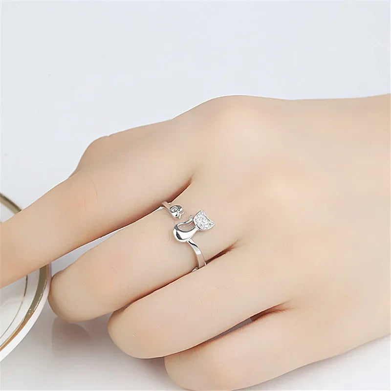 Anello Aperto a Forma di Gatto – Zirconia Cubica