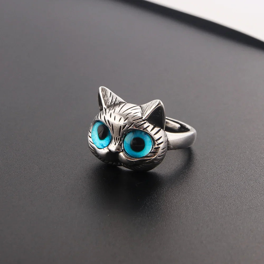 Anello con Gatto dagli Occhi Blu – Giocoso Anello Vintage in Argento per Amanti dei Gatti