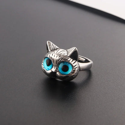 Anello con Gatto dagli Occhi Blu – Giocoso Anello Vintage in Argento per Amanti dei Gatti