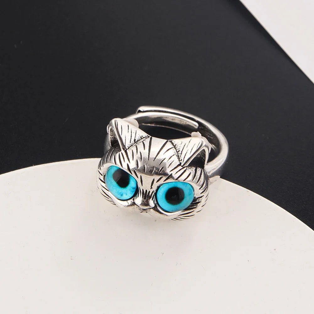 Anello con Gatto dagli Occhi Blu – Giocoso Anello Vintage in Argento per Amanti dei Gatti