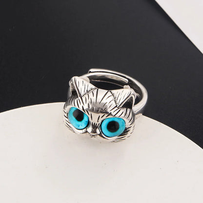 Anello con Gatto dagli Occhi Blu – Giocoso Anello Vintage in Argento per Amanti dei Gatti
