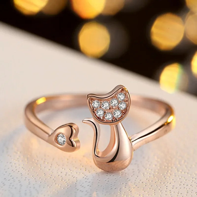 Anello Aperto a Forma di Gatto – Zirconia Cubica