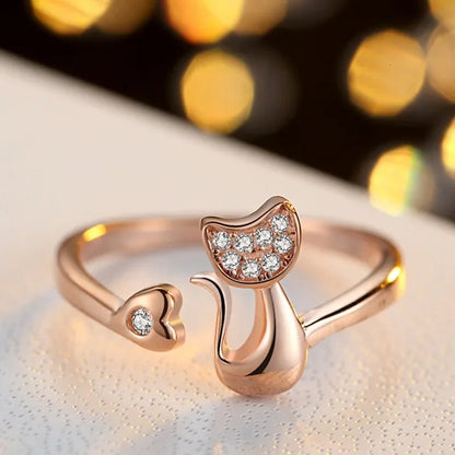 Anello Aperto a Forma di Gatto – Zirconia Cubica