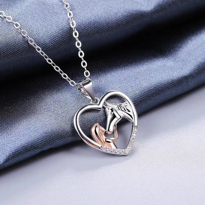 Collana Cuore Ragazza e Cavallo con Zirconi – Argento e Oro Rosa