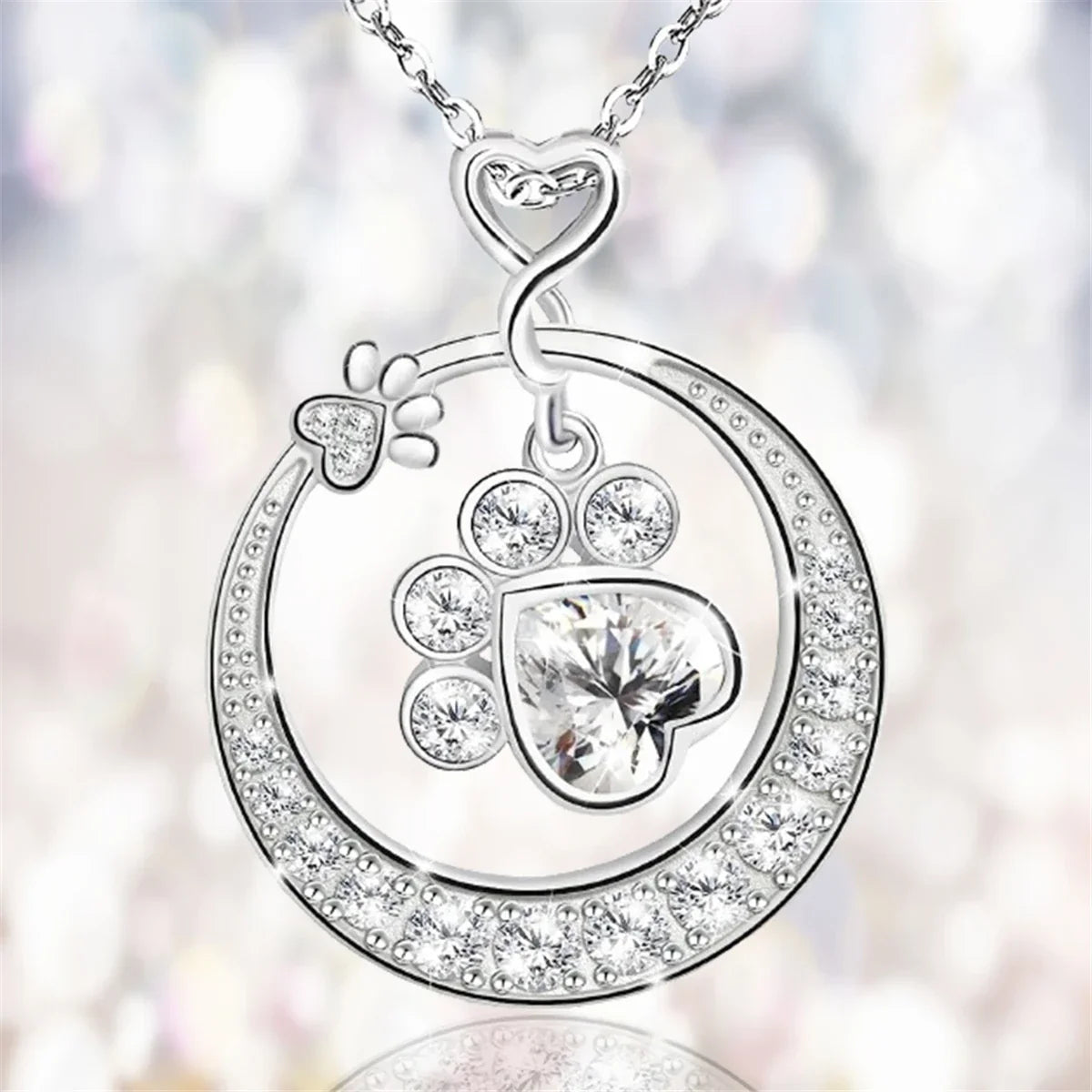 Collana con Stampa di Zampa Carina in Argento Sterling 925 con Zirconi Cubici