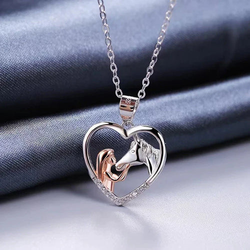 Collana Cuore Ragazza e Cavallo con Zirconi – Argento e Oro Rosa