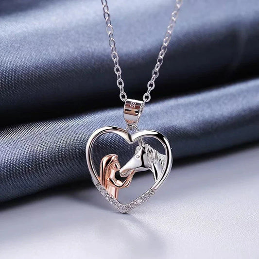 Collana Cuore Ragazza e Cavallo con Zirconi – Argento e Oro Rosa