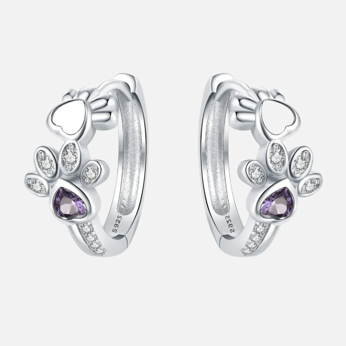 Orecchini Huggie Paw in Argento Sterling 925 – Con Zirconi e Gemma a Cuore
