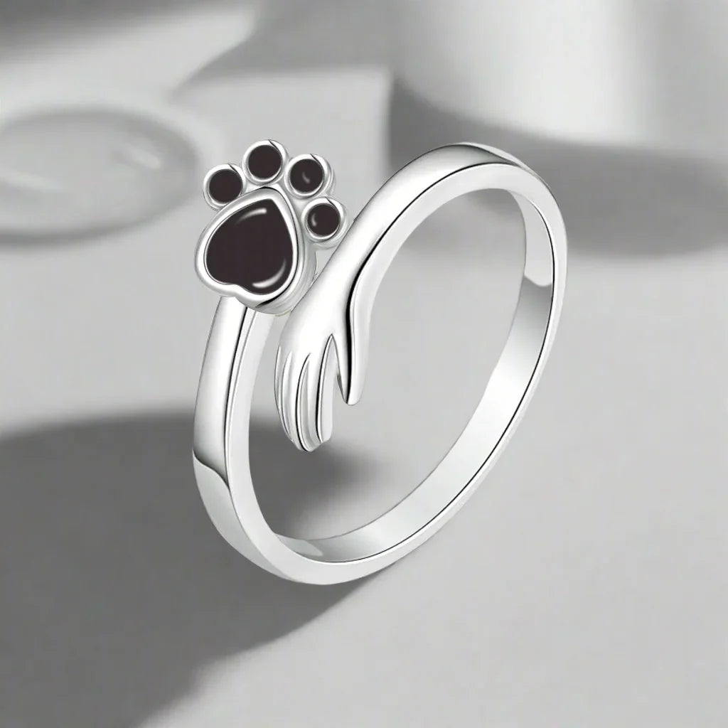 Anello Regolabile in Argento Sterling 925 – Design con Impronta di Mano e Zampa