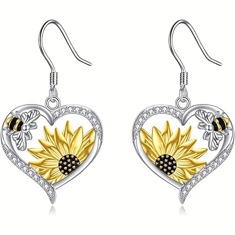 Orecchini Pendenti Cuore con Girasole e Ape – Stile Boho Vintage
