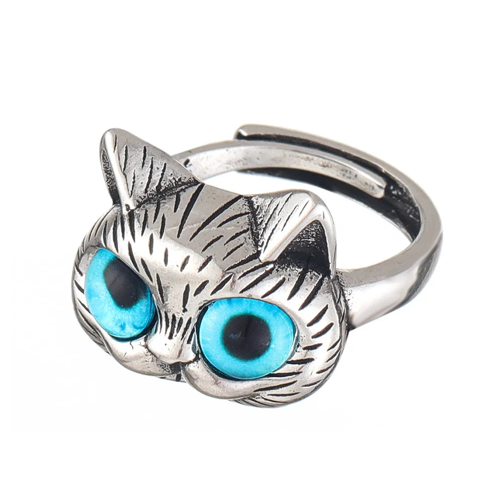 Anello con Gatto dagli Occhi Blu – Giocoso Anello Vintage in Argento per Amanti dei Gatti