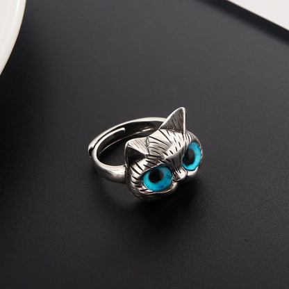 Anello con Gatto dagli Occhi Blu – Giocoso Anello Vintage in Argento per Amanti dei Gatti