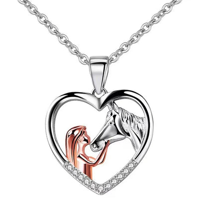 Collana Cuore Ragazza e Cavallo con Zirconi – Argento e Oro Rosa