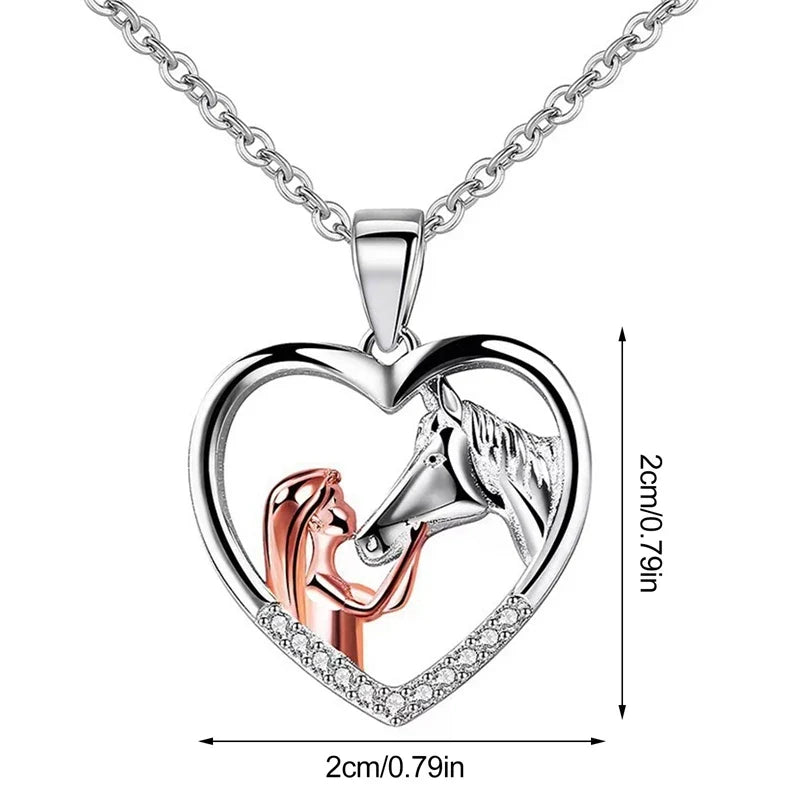 Collana Cuore Ragazza e Cavallo con Zirconi – Argento e Oro Rosa