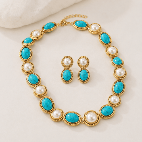 Parure Vintage Collana e Orecchini | Color Turchese e Perle, Dorata