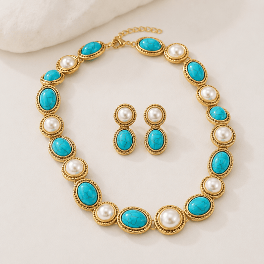 Parure Vintage Collana e Orecchini | Color Turchese e Perle, Dorata