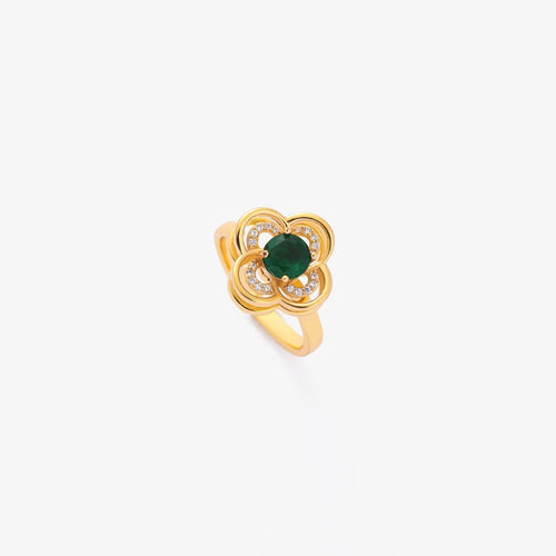 Anello Rotante Quadrifoglio | Dorato con Pietra Verde Smeraldo
