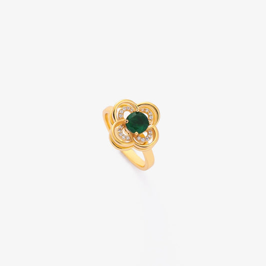 Anello Rotante Quadrifoglio | Dorato con Pietra Verde Smeraldo