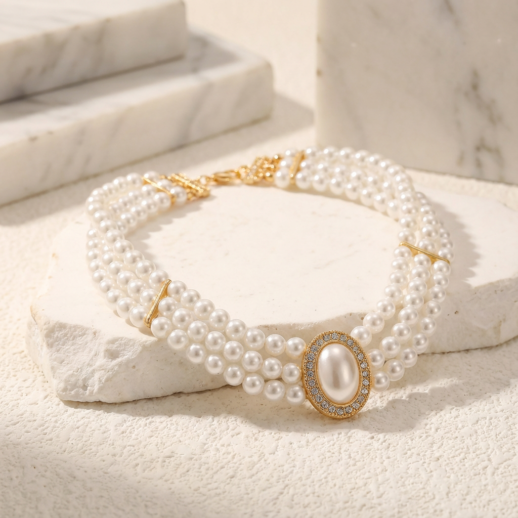 Collana Choker a Tre Fili di Perline Color Turchese | Dorata